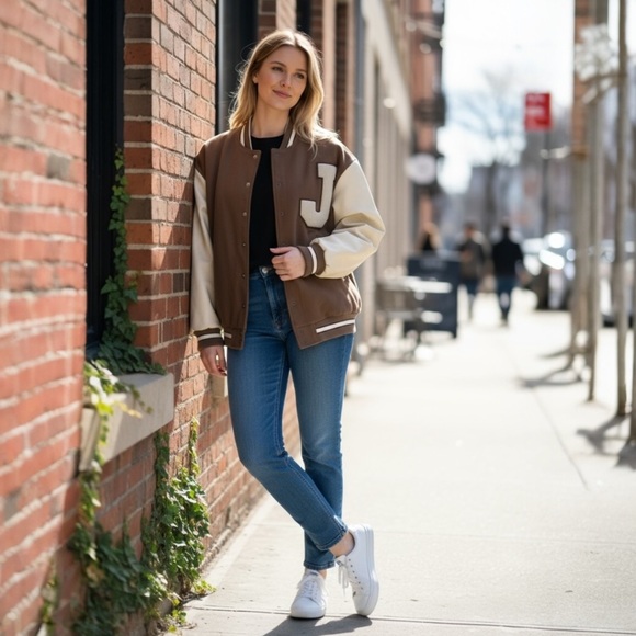 FASHION NOVA Oversized Varsity Jacket Best in Class J Mocha Combo Womens Small - Picture 17 of 17